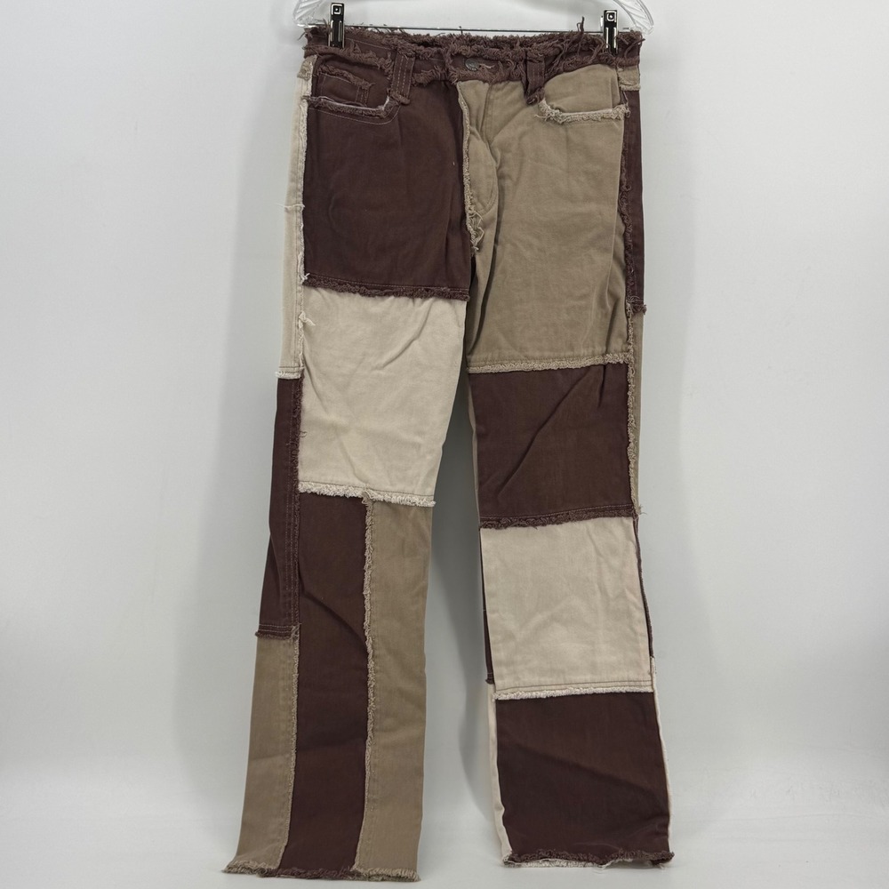 Patchwork Straight Leg Pants Brown Tan Cream Frayed Raw Edge High Rise Womens